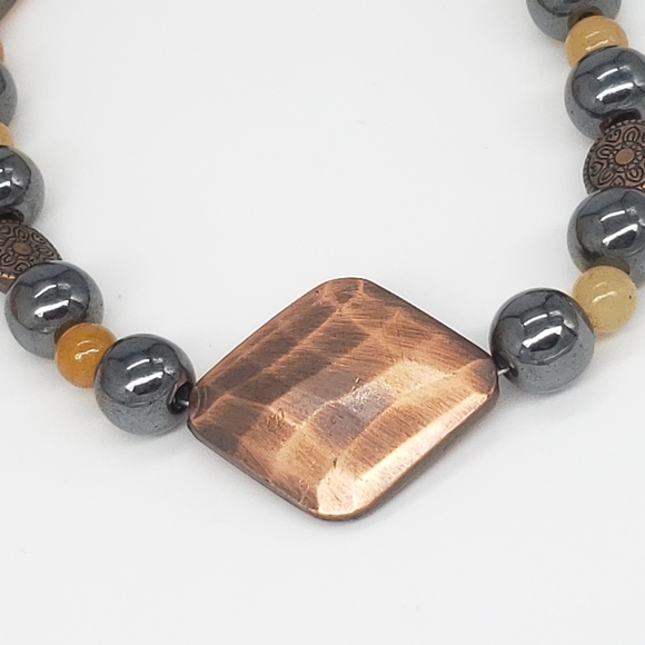 Copper, Hematite & Yellow Quartzite Bead Necklace - Picture 3 of 12
